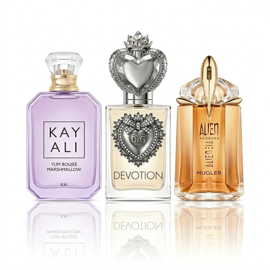 Kayali Yum Boujee Marshmallow, D&G Devotion e Mugler Alien Goddess