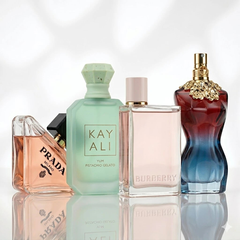 Zestaw 4 perfum | Prada Paradoxe, Kayali Yum Pistachio Gelato, Burberry Her, Jean Paul Gaultier La Belle.