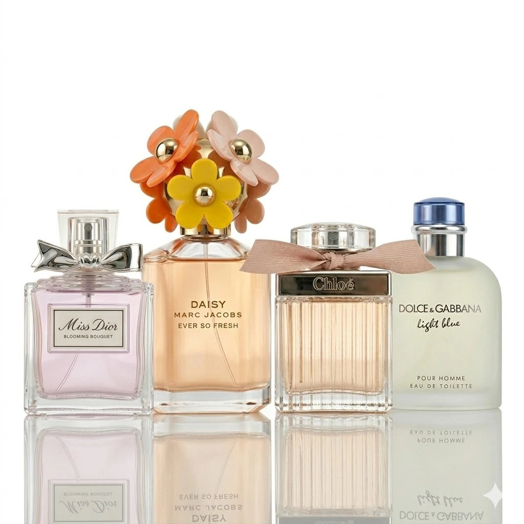 Zestaw 4 perfum | Marc Jacobs Daisy Ever So Fresh, Chloé Eau de Parfum, Miss Dior Blooming Bouquet, Dolce & Gabbana Light Blue