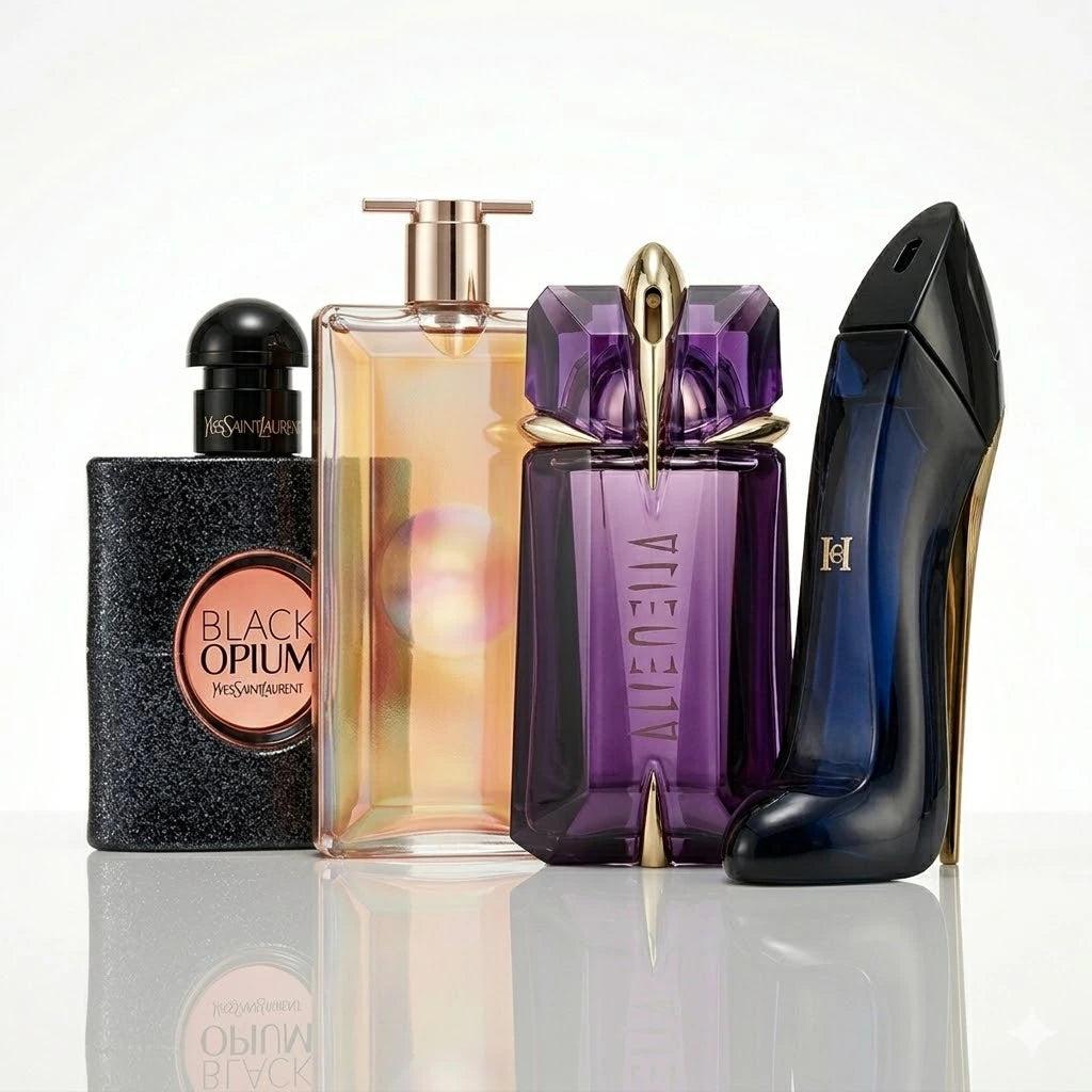 Zestaw 4 perfum | YSL Black Opium, Lancôme Idôle, Mugler Alien, Carolina Herrera Good Girl.