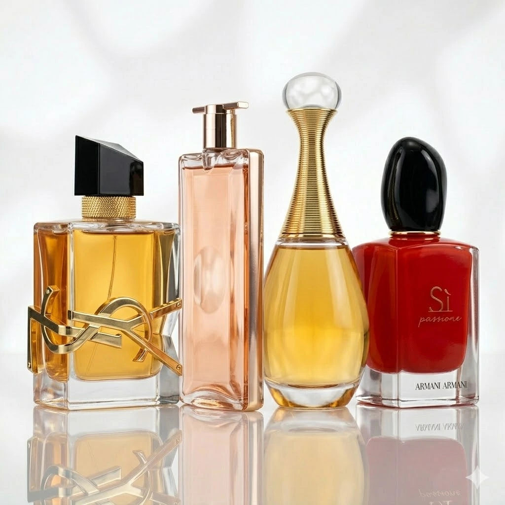 Zestaw 4 perfum | YSL Libre Intense, Lancôme Idôle Now, Dior J'adore, Armani Sì Passione.