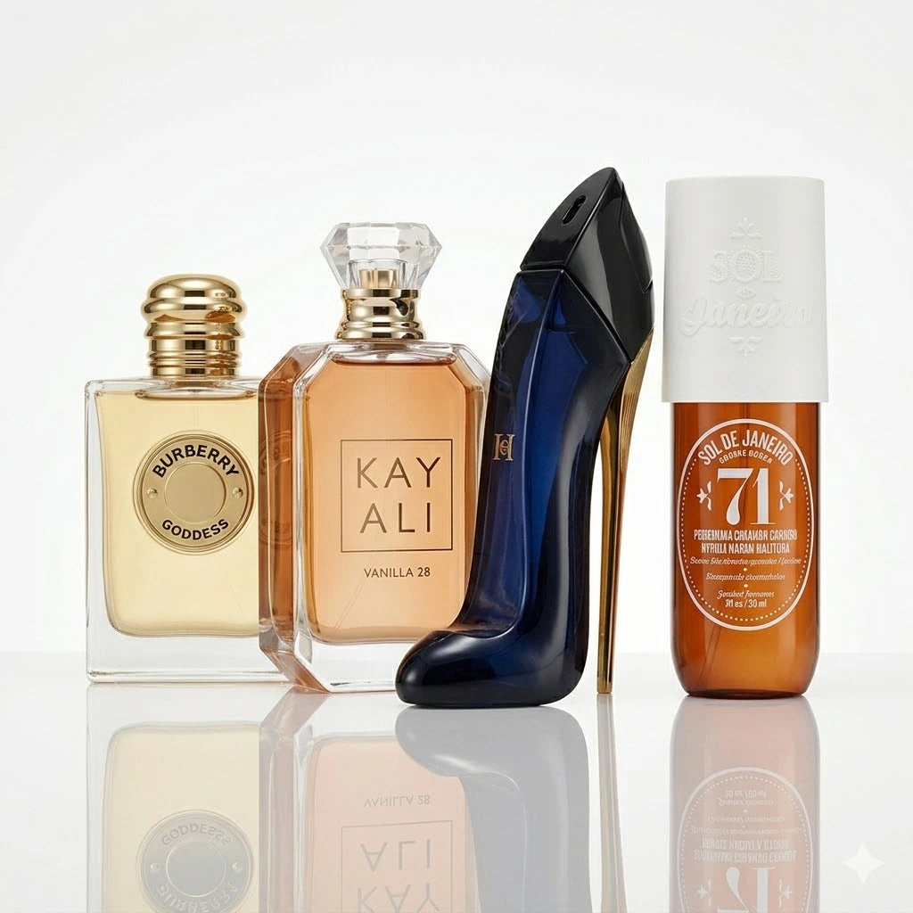 Zestaw 4 perfum | Burberry Goddess, Kayali Vanilla 28, CH Good Girl, Sol de Janeiro '71.