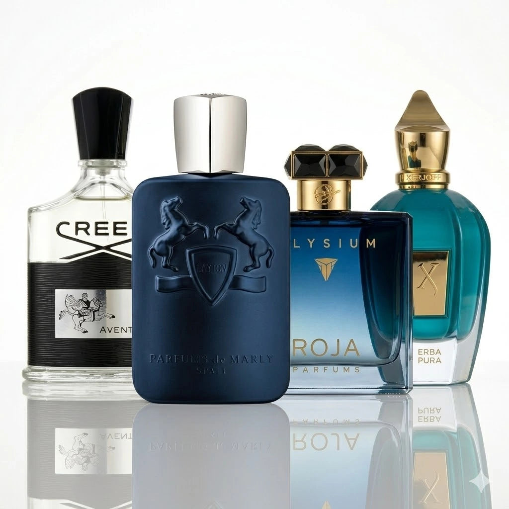 Zestaw 4 perfum | Creed Aventus, Parfums de Marly Layton, Roja Elysium, Xerjoff Erba Pura.